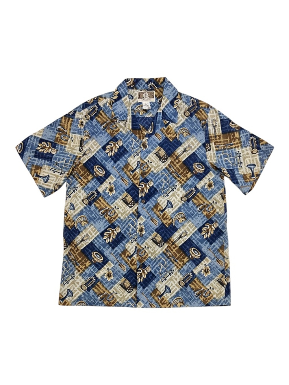 Kalaheo Vintage Aloha Blue Tropical Mosaic Block Hawaiian Camp Shirt Size Large